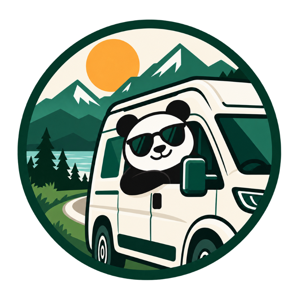 Panda driving a campervan through a mountain landscape